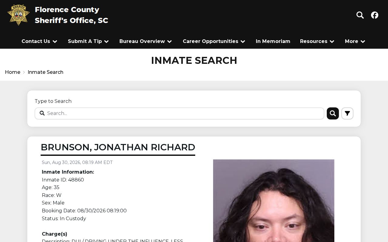 Florence County current custody roster search interface