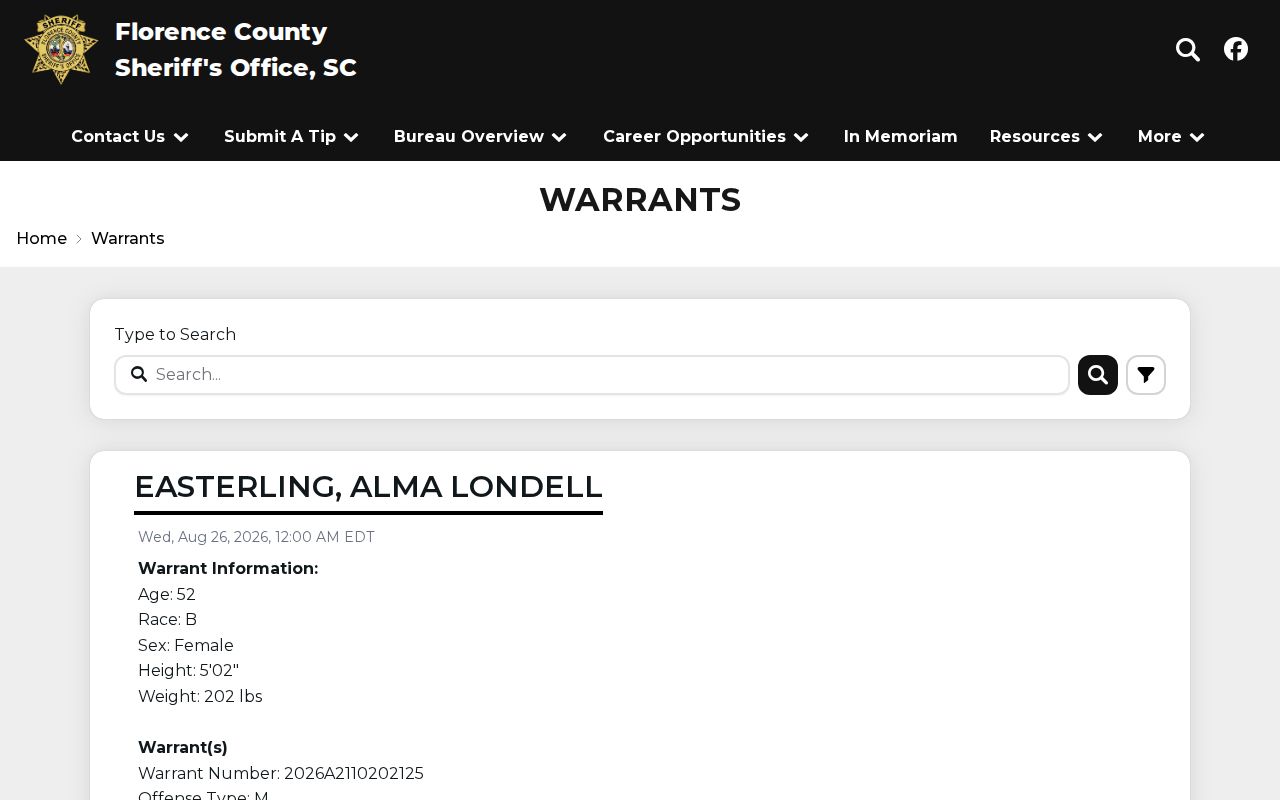 Florence County official active warrant search interface