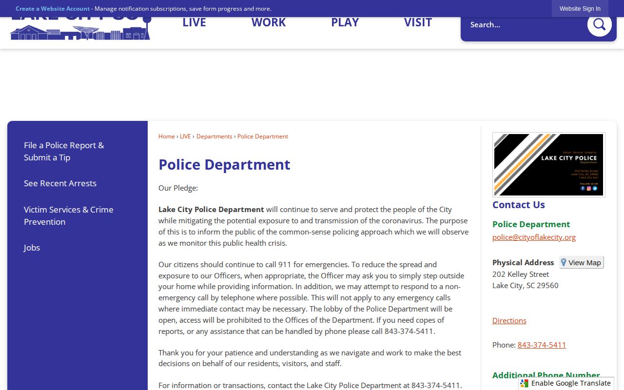 Lake City Police Department source for Lake City arrest records and report copies